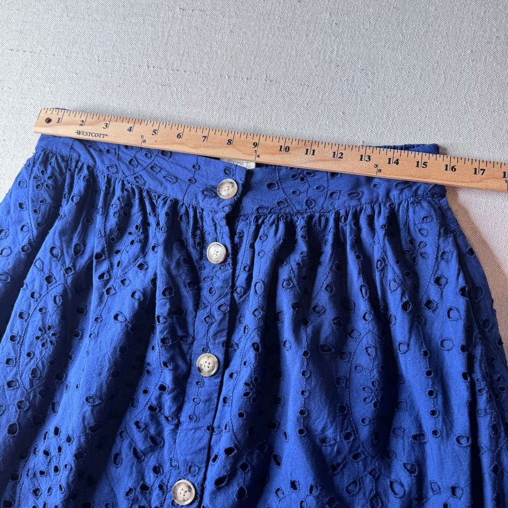 Loft Womens Blue Cotton Eyelet Lace Button Front Midi Skirt Size 8 Scalloped Hem - Picture 7 of 10